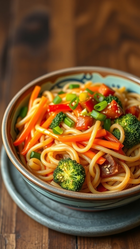 A bowl of colorful Offspring Noodles with vegetables, garnished with green onions and sesame seeds.